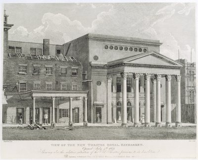 Pohled na nové divadlo Royal, Haymarket, otevřeno 4. července 1821, ukazuje také relativní situaci starého divadla před jeho demolicí, vyryto Dale, 1822 od Robert Blemell Schnebbelie