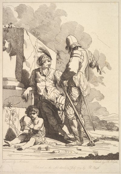 Dva vojáci a dítě drží helmu, 19. července 1779. od Robert Blyth