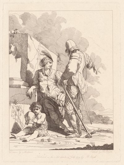 Dva vojáci a dítě drží helmu od Robert Blyth, after John Hamilton Mortimer