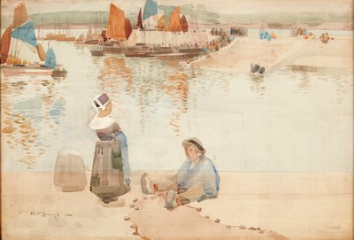 Postavy na Harbour Wall, Bretaň (akvarel) od Robert Brough