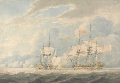 Nizozemský viceadmirál pod vedením admirála De Wintera udeří svou vlajkou anglickému viceadmirálu Onslowovi pod vedením admirála Duncana v bitvě u Camperdown, 11. října 1797 od Robert Cleveley