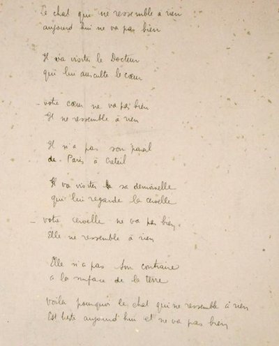 Kočka, která je jako nic na Zemi, ručně psaná stránka sbírky básní „La Menagerie de Tristan“ od Roberta Desnose od Robert Desnos