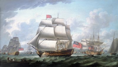 Loď "Victory" opouští Spithead (Anglie), má červenou vlajku a vlajku viceadmirála Rougese, po jeho pravici třístěžník identifikovaný jako "Queen Charlotte". od Robert Dodd