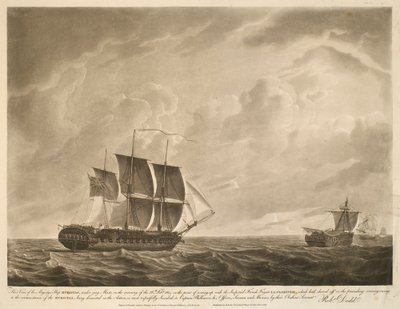 Tento pohled na loď Jeho Veličenstva EUROTAS pod stěžni poroty ráno 26. února 1814, kdy se blížila k císařské francouzské fregatě LA CLORINDE, která se předcházejícího večera odklonila; vzhledem k okolnostem od Robert Dodd