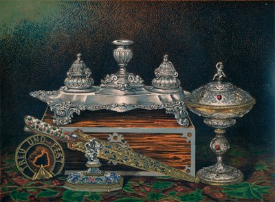 kalamář, váha papíru, lovecký nůž nebo dýka, krytá tazza, váha papíru, 1863 od Robert Dudley