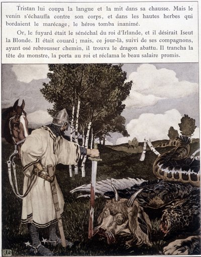 Tristan u mrtvého draka – v „“Le Roman de Tristan et Iseult““ od Bédiera ill. od Roberta Engelse, ed. umění, Paříž od Robert Engels