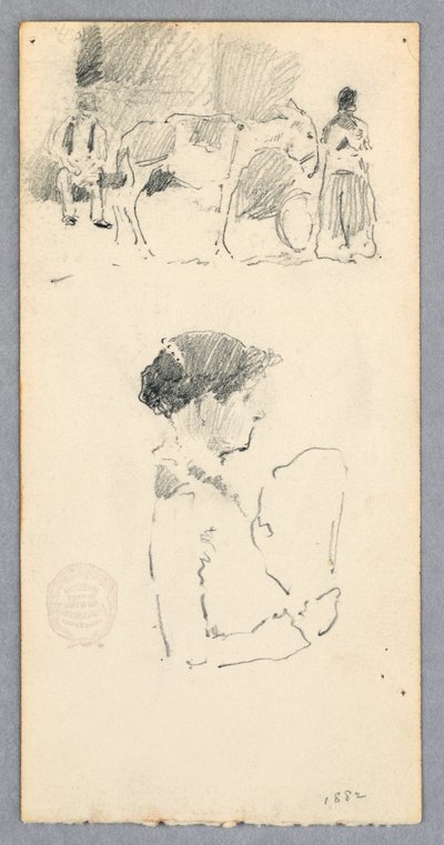 Kresba, Scéna s oslem a dvěma postavami; žena držící vějíř, 1882 od Robert Frederick Blum