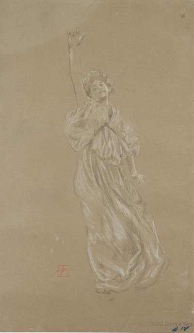 Studie stojící zahalené ženské postavy pro nástěnnou malbu Moods to Music (černobílá křída na papíře) od Robert Frederick Blum