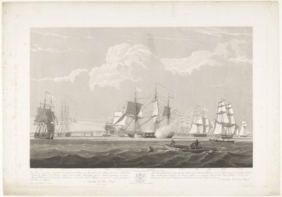 Odjezd dvanácti holandských obchodních lodí z přístavu Portsmouth, 1833 (deska 3) Tato sada tří desek znázorňujících vyplutí z přístavu Portsmouth 2. června 1833 12 lodí Nederlandsche Koopvaardy z embarga od Robert Havell (II)
