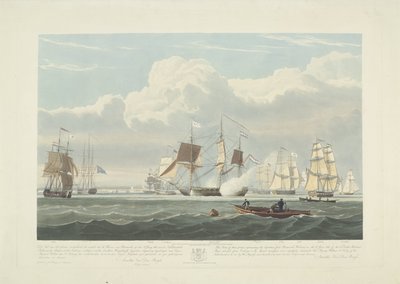 Odplutí dvanácti holandských obchodních lodí z přístavu Portsmouth, 1833 (deska 3) Tato sada tří desek znázorňujících vyplutí z přístavu Portsmouth 2. června 1833 12 lodí Nederlandsche Koopvaardy z embarga od Robert Havell (II)