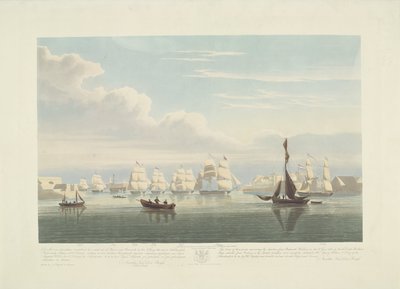 Odplutí dvanácti holandských obchodních lodí z přístavu Portsmouth, 1833 (deska 1) Tato sada tří desek znázorňujících vyplutí z přístavu Portsmouth 2. června 1833 12 lodí Nederlandsche Koopvaardy z embarga od Robert Havell (II)