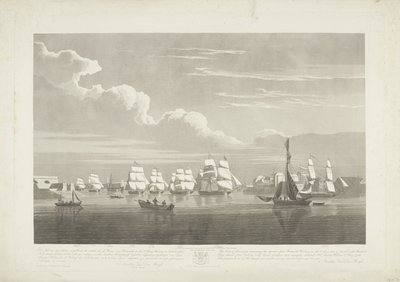 Odplutí dvanácti holandských obchodních lodí z přístavu Portsmouth, 1833 (deska 1) Tato sada tří desek znázorňujících vyplutí z přístavu Portsmouth 2. června 1833 12 lodí Nederlandsche Koopvaardy z embarga od Robert Havell (II)