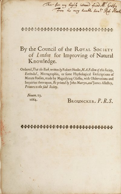 Podepsaná stránka z "Micrographia: or Some Physiological Descriptions of Minute Bodies Made by Magnifying Glasses", 1665 od Robert Hooke