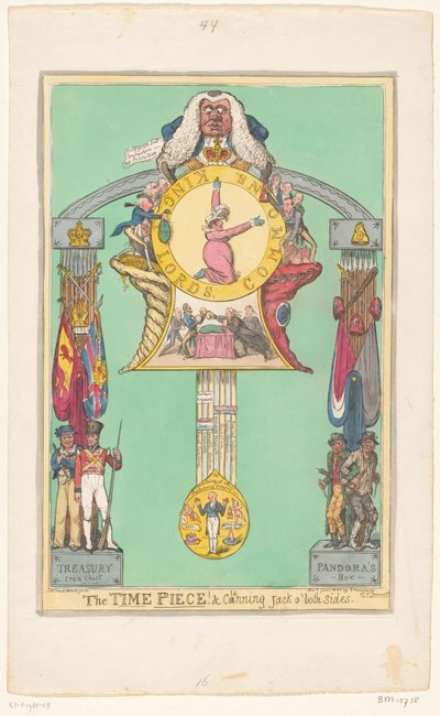 Hodiny s královnou na číselníku, 1820 Kus času! & mazaný Jack na obou stranách od Robert Isaac Cruikshank