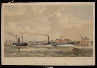 Tento snímek železných parníků "Meteor" a "Prince of Wales"... opouštějících přístaviště Brunswick Wharf v Blackwallu... věnovaný ředitelům železniční společnosti Blackwall Railway Company. od Robert Kent (after) Thomas