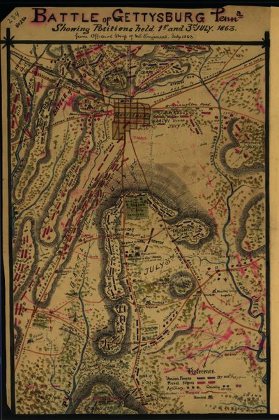 Bitva u Gettysburgu, Penna. Zobrazení pozic 1. a 3. července 1863. LOC gvhs01.vhs00265 od Robert Knox Sneden