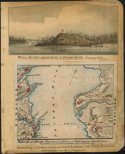 Blokáda Potomacu. Mapa zobrazující baterie Unie a povstalců leden 1862. Povstalci vyklidili všechny své baterie v noci 4. března 1862. LOC gvhs01.vhs00066 od Robert Knox Sneden