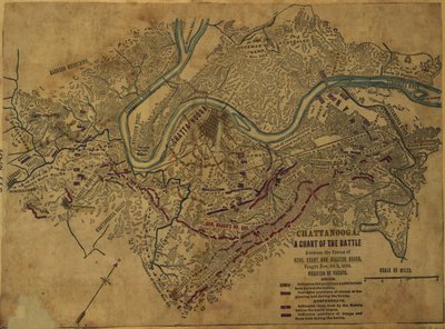 Chattanooga Schéma bitvy mezi silami gen. Granta a Braxtona Bragga, která se odehrála 24.-5. listopadu 1863. LOC gvhs01.vhs00275 od Robert Knox Sneden