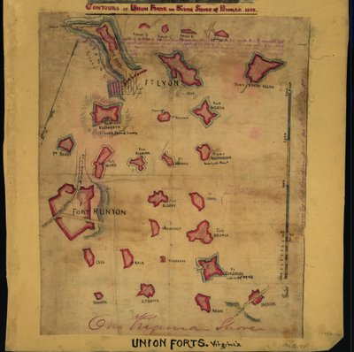Obrysy pevností Unie na jižní straně řeky Potomac, 1862 (mapa). LOC gvhs01.vhs00242 od Robert Knox Sneden