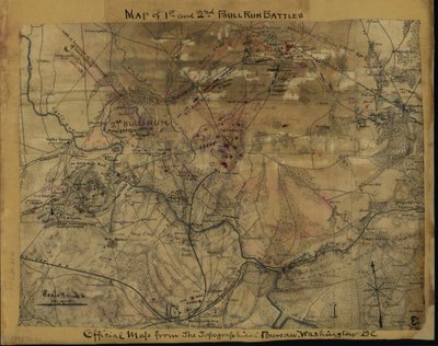 Mapa 1. a 2. bitvy u Bull Runu. Oficiální mapa Topografického úřadu, Washington, D.C. LOC gvhs01.vhs00239 od Robert Knox Sneden