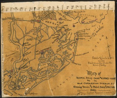 Mapa Morrisova, Follyho, Colesova a Jamesova ostrova atd. a přístavu Charleston Harbor S.C. s vyznačením (sic) pevností a baterií Unie a povstalců, 1864. LOC gvhs01.vhs00184 od Robert Knox Sneden
