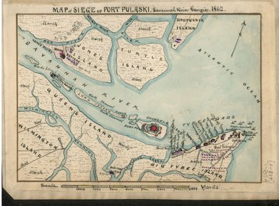 Mapa obléhání pevnosti Fort Pulaski - Savannah River Georgia. 1862. LOC gvhs01.vhs00085 od Robert Knox Sneden