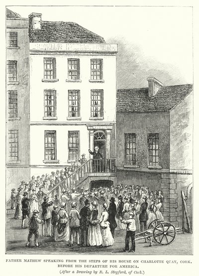 Otec Mathew mluví ze schodů svého domu na Charlotte Quay, Cork, před svým odjezdem do Ameriky (rytina) od Robert L. Stopford