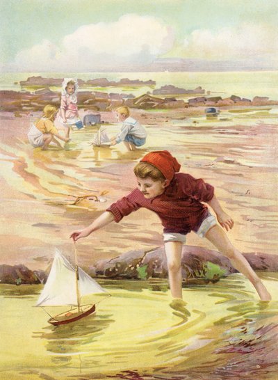 Jeho nová loď - chlapec si hraje s hračkou na pláži (barva litho) od Robert Lillie
