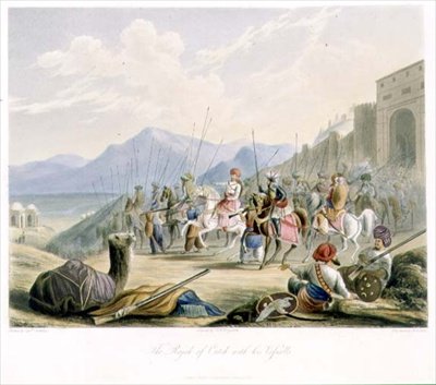 Rajah of Cutch, Desal II (1819-60) se svými vazaly, ze svazku I „Scenérie, kostýmy a architektura Indie“, vyryl R.G. Reeve (fl.1811-37) a koloroval J.B.Hogarth, hospod. od Ackermanna od Robert Melville (after) Grindlay