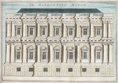 Banketní dům, Whitehall, z knihy „Kniha vyhlídek pozoruhodných míst v Londýně ao něm“, kolem roku 1700 (rytina) od Robert Morden