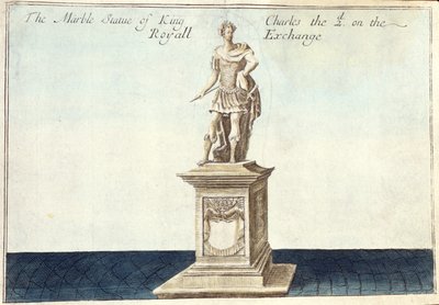 Mramorová socha krále Karla II. (1630-85) na královské burze, z knihy „Kniha vyhlídek pozoruhodných míst v City of London ao nich“, kolem roku 1700 (rytina) od Robert Morden