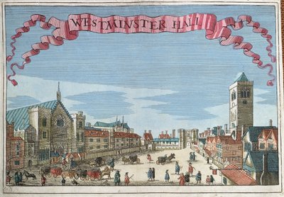 Westminster Hall, z knihy „Kniha vyhlídek pozoruhodných míst v City of London ao nich“, kolem roku 1700 od Robert Morden