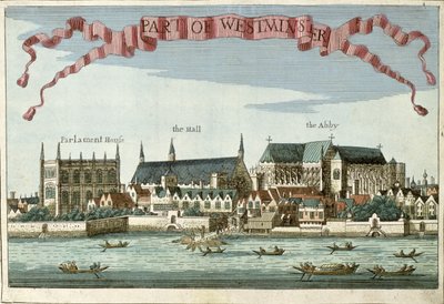 Westminster ukazující opatství, halu a budovu parlamentu, z knihy „Kniha vyhlídek pozoruhodných míst v City of London ao nich“, kolem roku 1700 od Robert Morden