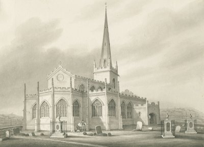 Wednesbury - Kostel sv. Bartoloměje: sépiová lavírovaná kresba, nd [1827] (kresba) od Robert Noyes