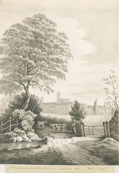 Wolverhampton - Pohled do dálky z Dunstall Lane: sépiová kresba, 1837 od Robert Noyes