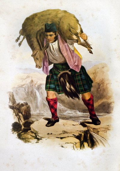 Skotský klanový bojovník Mac Rae s ovcí na rameni - litografie Roberta Ronalda Mciana z knihy "The Clans of The Scottish Highlands" z roku 1845 od Robert Ronald McIan