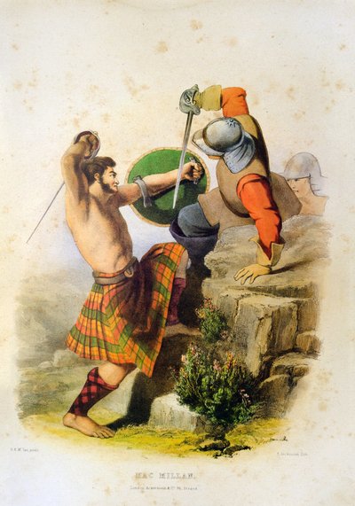 Skotský válečník Mac Millan bojující v kiltu a bosý s mečem - litografie Roberta Ronalda McIana z knihy "The Clans of The Scottish Highlands" z roku 1845 od Robert Ronald McIan