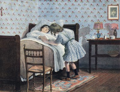 Holčička u postele své nemocné matky čeká na válku. Ilustrace Robert Salles (1871-1929) v „“ Je sais Lire““. od Robert Salles