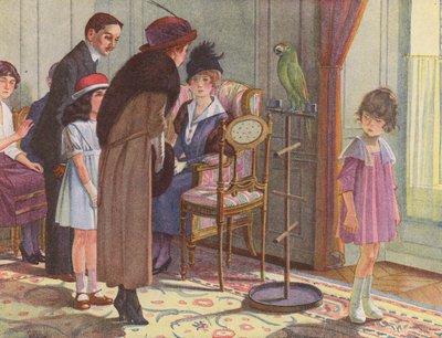 Mluvící papoušek odhaluje zlobení zlobivé dívky (barevná litografie) od Robert Salles