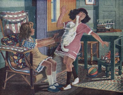 Kočička Annette: bílá kočka drápe tvář malé holčičky, která si hraje se svou kamarádkou. Ilustrace Robert Salles (1871-1929) v „“ Je sais Lire““. od Robert Salles