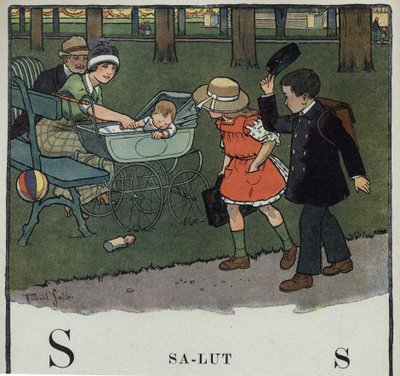 Dětská knížka „“ Budu číst – Metodická a zábavná abeceda od táty“““ 1926. Ilustrace Robert Salles (1871-1929). Abecedary: písmeno S jako Salut. Chlapec pozdraví pár a jejich dítě zvednutím čepice. od Robert Salles