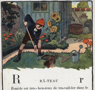 Dětská knížka „“ Budu číst – Metodická a zábavná abeceda od táty“““ 1926. Ilustrace Robert Salles (1871-1929). Abecedaire: písmeno R jako Rake. Chlapcova zahrada na zahradě jeho domu. od Robert Salles
