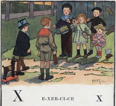 Dětská knížka „“ Budu číst – Metodická a zábavná abeceda od táty“““ 1926. Ilustrace Robert Salles (1871-1929). Abecedary: písmeno X jako cvičení. Děti si hrají na armádu. od Robert Salles