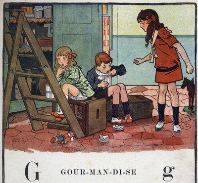 Dětská knížka „“ Budu číst – Metodická a zábavná abeceda od táty“““ 1926. Ilustrace Robert Salles (1871-1929). Abecedary: písmeno G jako Gourmandise. Dívka a chlapci tajně jedí kandované ovoce. od Robert Salles