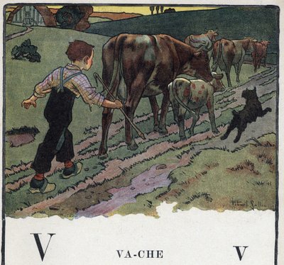 Dětská knížka „“ Budu číst – Metodická a zábavná abeceda od táty“““ 1926. Ilustrace Robert Salles (1871-1929). Abecedary: písmeno V jako kráva. Chlapec pomáhá psovi, zahání stádo krav do pole. od Robert Salles