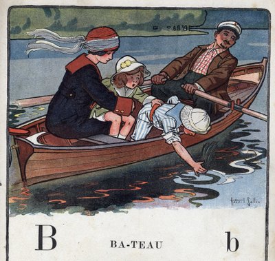 Dětská knížka „“ Budu číst – Metodická a zábavná abeceda od táty“““ 1926. Ilustrace Robert Salles (1871-1929). Abecedaire: písmeno B jako člun. Rodina na lodi se prochází. od Robert Salles