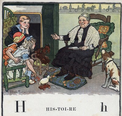 Dětská knížka „“ Budu číst – Metodická a zábavná abeceda od táty“““ 1926. Ilustrace Robert Salles (1871-1929). Abecedaire: písmeno H jako historie. Babička vypráví svým vnoučatům příběhy u krbu. od Robert Salles