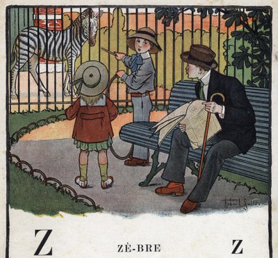 Dětská knížka „“ Budu číst – Metodická a zábavná abeceda od táty“““ 1926. Ilustrace Robert Salles (1871-1929). Abecedaire: písmeno Z jako Zebre. Děti se s obručí dívají na zebru v zoo. od Robert Salles