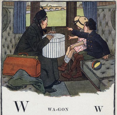 Dětská knížka „“ Budu číst – Metodická a zábavná abeceda od táty“““ 1926. Ilustrace Robert Salles (1871-1929). Abecedaire: písmeno W jako vůz. Dvě děti s matkou cestují ve vlakovém kupé. od Robert Salles