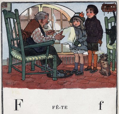 Dětská knížka „“ Budu číst – Metodická a zábavná abeceda od táty“““ 1926. Ilustrace Robert Salles (1871-1929). Abecedaire: písmeno F jako Fete. Dívka a chlapec nabízejí dárky na večírek svého dědečka. od Robert Salles